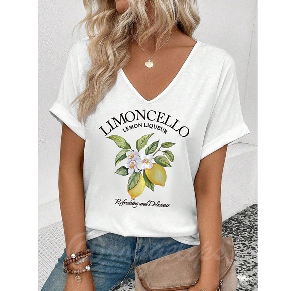 White V Neck Tee Shirt Printed Limoncello Lemon Graphic - Picture 1 of 4